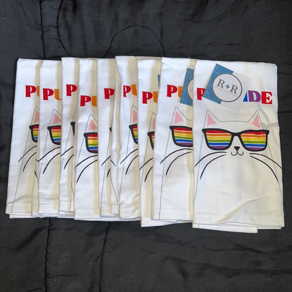 NWT R+R “PURRIDE” 9pc Cat With Rainbow Glasses Pride Kitchen Towels (16x26in)